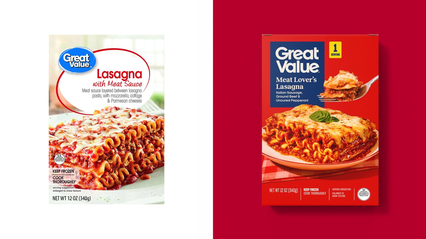 This image provided by Walmart shows from left, Walmart's Great Value Kettle Cooked Lasagna and the redesigned packaging for Walmart's Great Value Lasagna. (Walmart via AP)