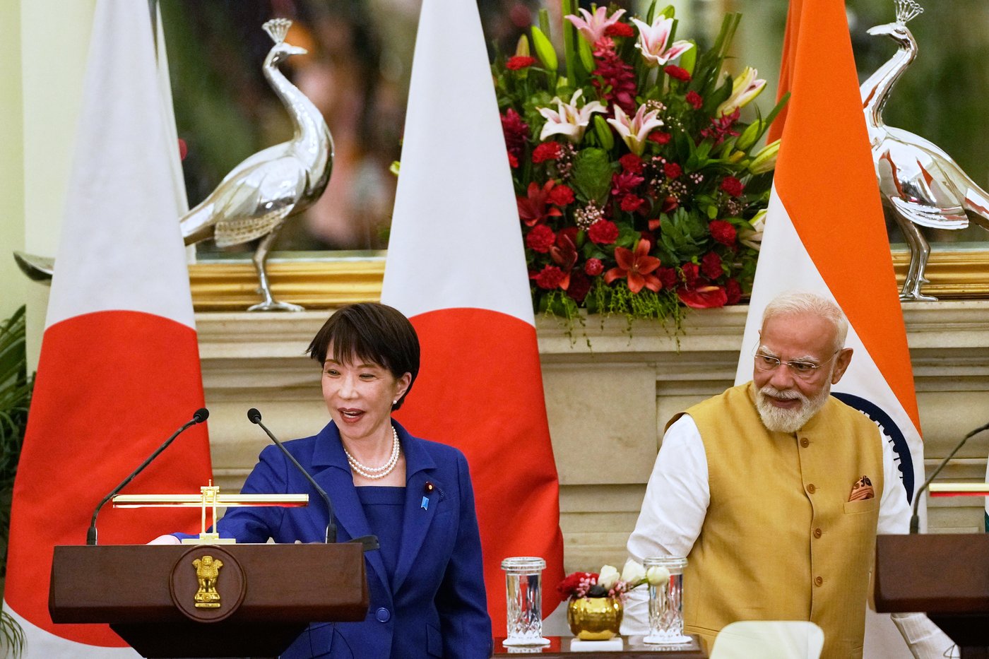 Japan's Prime Minister Sanae Takaichi, left, and India's Prime Minister Narendra Modi leave after briefing the media about their delegation level meeting in New Delhi, India, Thursday, July 2, 2026. (AP Photo/Manish Swarup)