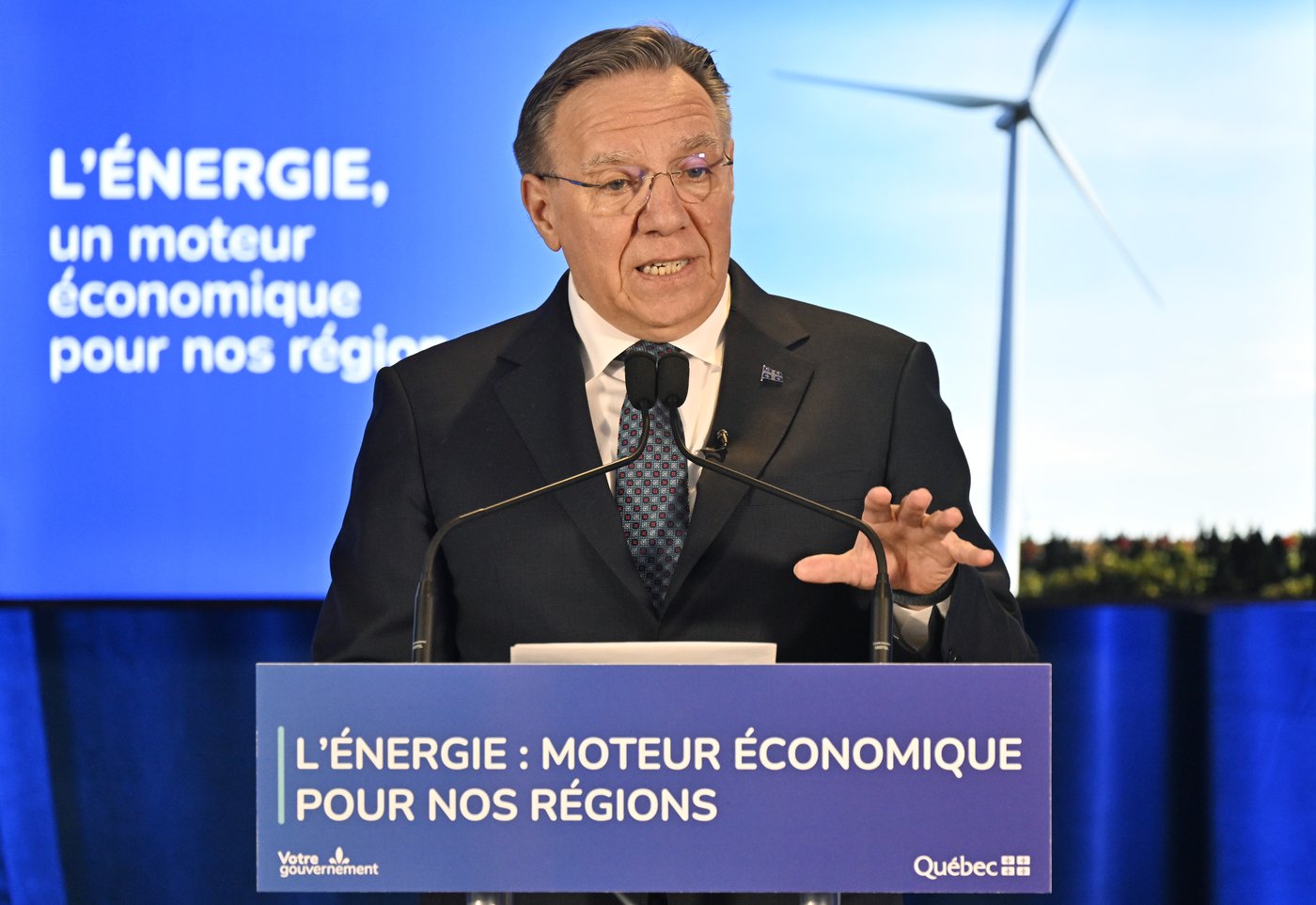 Quebec Premier François Legault makes an announcement regarding the Des Neiges wind farm project in Beaupré, Que., on Tuesday, March 31, 2026. THE CANADIAN PRESS/Jacques Boissinot.