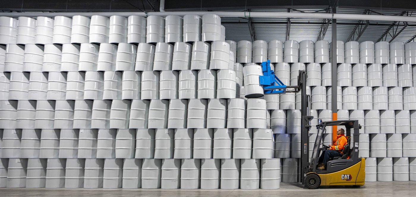 Barrels of pasteurized maple syrup are stored at the Quebec Maple Syrup Producers (QMSP) Global Strategic Maple Syrup Reserve warehouse in Plessisville, Que., on Friday, March 6, 2026. THE CANADIAN PRESS/Christinne Muschi