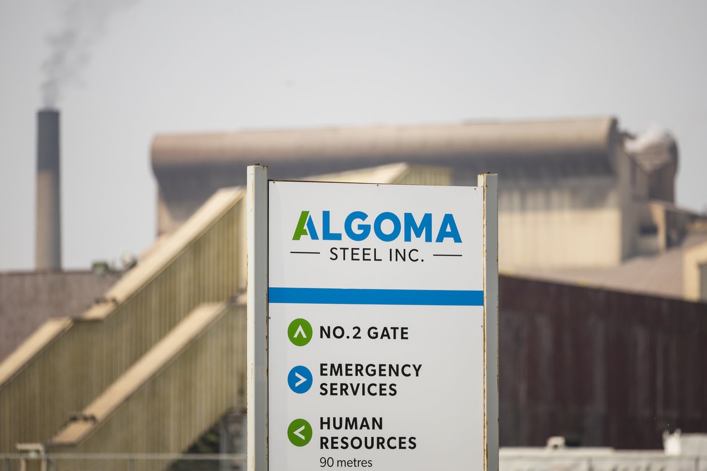 A sign for Algoma Steel Inc., the second largest steel producer in Canada, seen in Sault Ste. Marie, Ont., Friday, July 25, 2025. THE CANADIAN PRESS/Nick Iwanyshyn