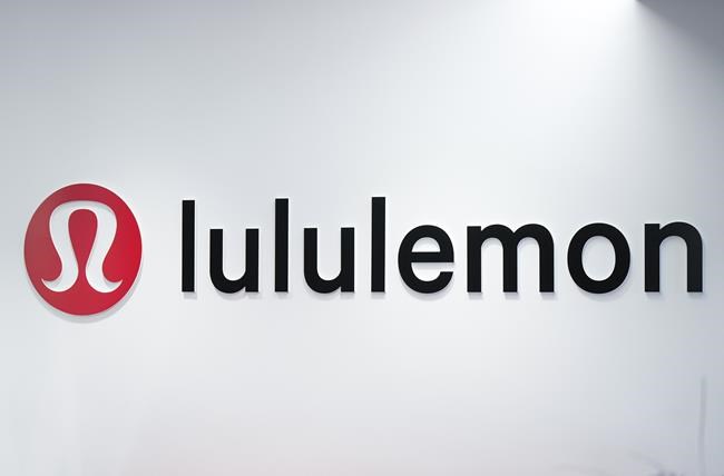 The Lululemon logo is seen on a wall at the company's headquarters, in Vancouver, on Thursday, May 25, 2023. THE CANADIAN PRESS/Darryl Dyck