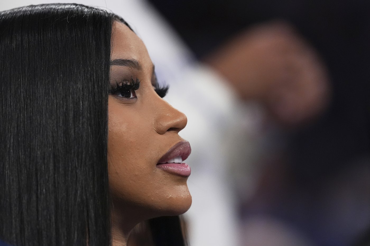 Cardi B watches during the second half of Game 4 in the Eastern Conference semifinals of the NBA basketball playoffs between the New York Knicks and the Boston Celtics Monday, May 12, 2025, in New York. (AP Photo/Frank Franklin II)