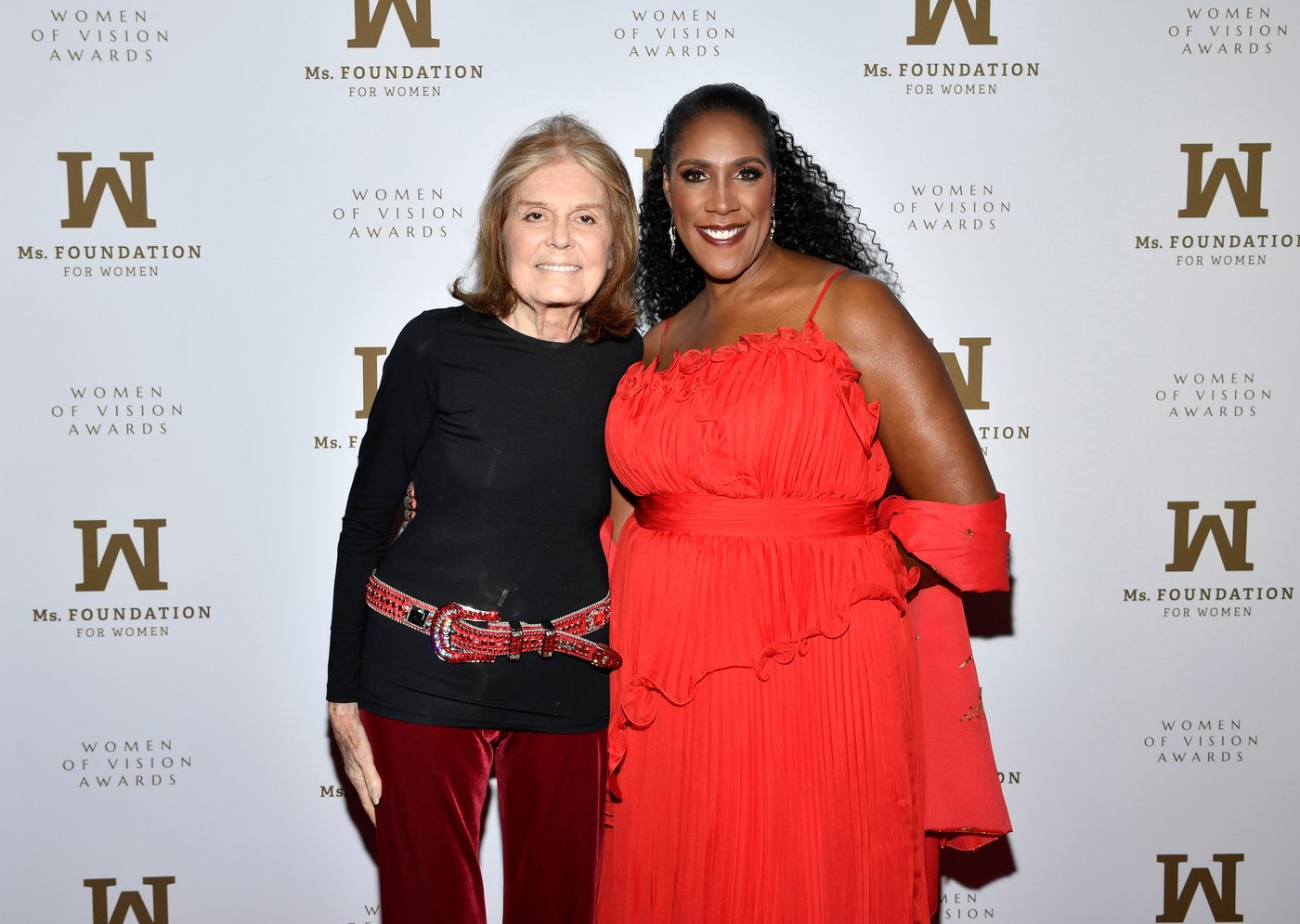 FILE - Ms. Foundation President and CEO Teresa Younger, right, and Gloria Steinem pose at the Ms. Foundation's Women of Vision Awards at the Ziegfeld Ballroom, May 16, 2023, in New York. (Photo by Evan Agostini/Invision/AP, File)