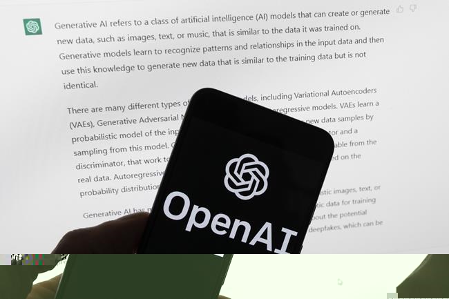 FILE - The OpenAI logo is seen on a mobile phone in front of a computer screen displaying output from ChatGPT, on March 21, 2023, in Boston. The Italian government’s privacy watchdog said Friday March 31, 2023 that it is temporarily blocking the artificial intelligence software ChatGPT in the wake of a data breach. (AP Photo/Michael Dwyer, File)