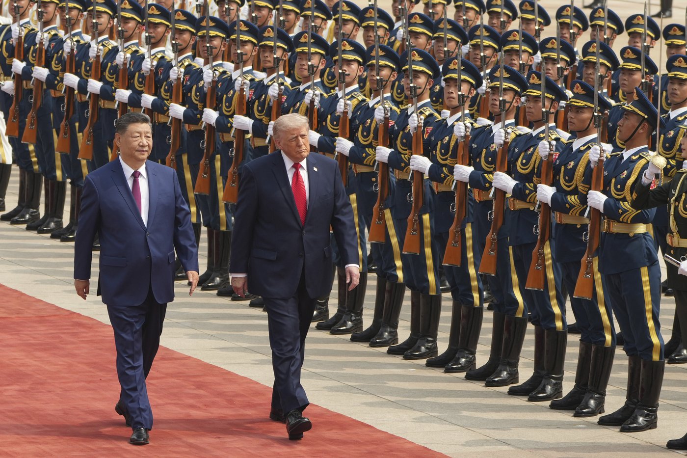 President Donald Trump participates in a welcome ceremony with China's President Xi Jinping at the Great Hall of the People, Thursday, May 14, 2026, in Beijing. (AP Photo/Mark Schiefelbein)