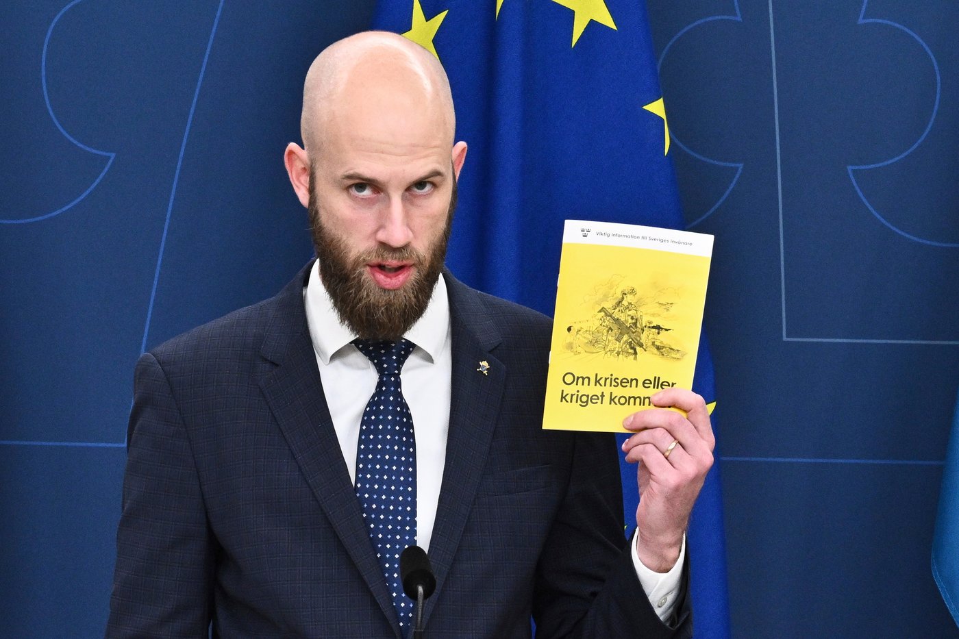 FILE - Sweden's Minister for Civil Defence Carl-Oskar Bohlin presents the new version of the booklet, "If Crisis or War Comes," in Stockholm, Sweden, Oct. 8, 2024. (Claudio Bresciani/TT News Agency via AP, File)