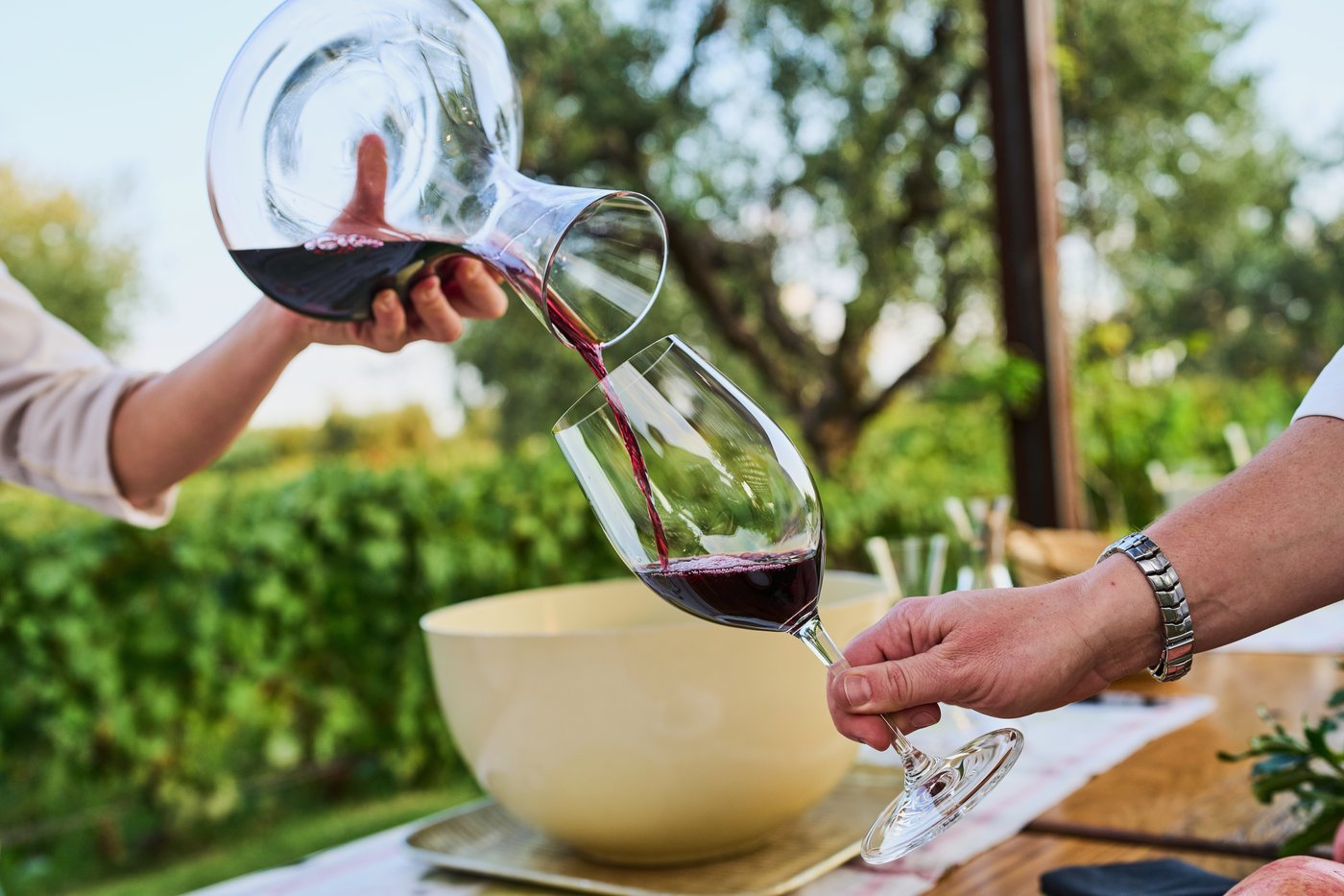 A worker serves red wine to tourists during a tasting at the Lagarde Winery in Mendoza, Argentina, Thursday, March 12, 2026. (AP Photo/Rodrigo Abd)