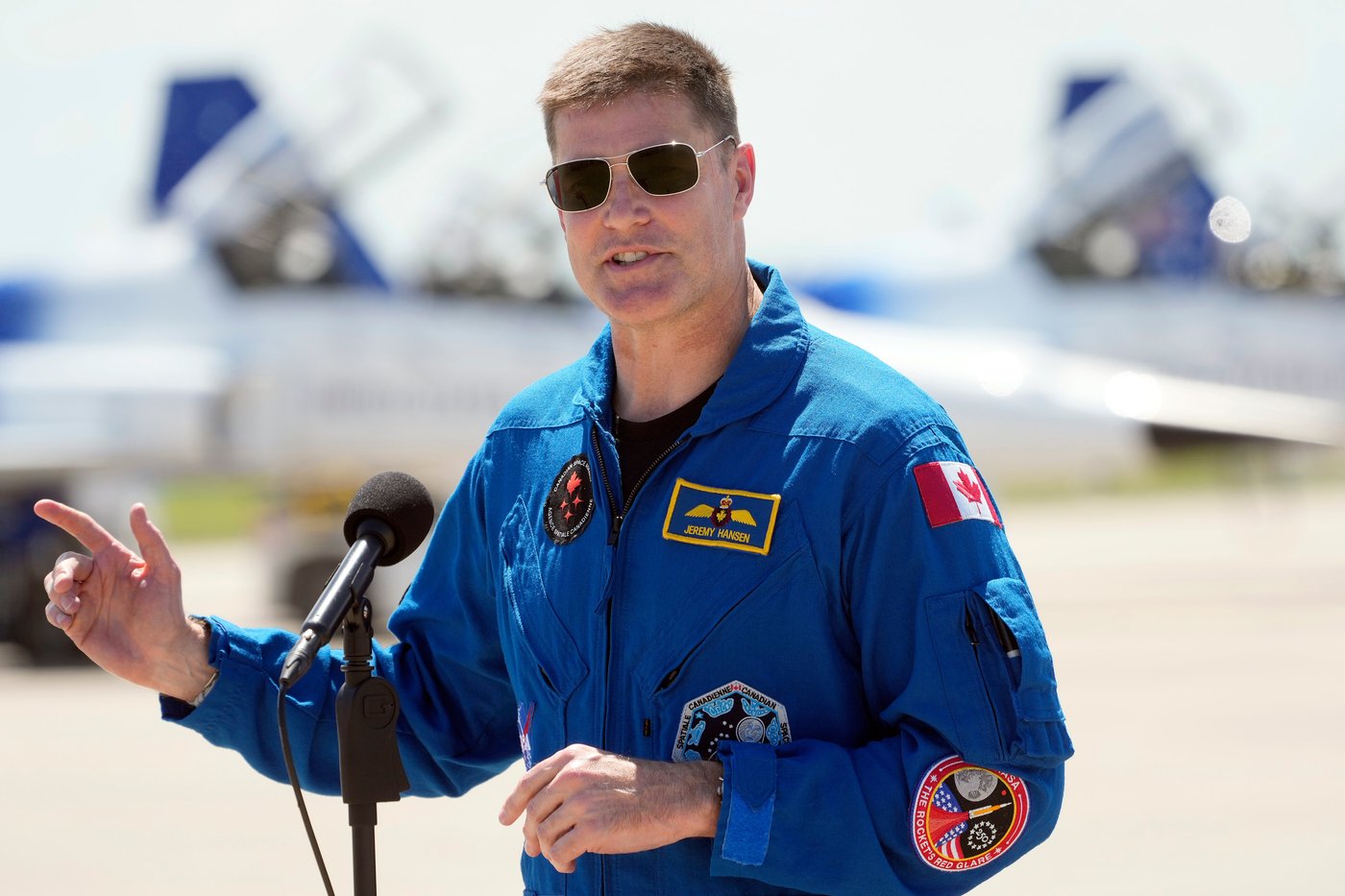 Artemis 2 crew member Mission Specialist Jeremy Hansen, of Canada, speaks to the media after the crew's arrival at the Kennedy Space Center Friday, March 27, 2026, in Cape Canaveral, Fla. (AP Photo/Chris O'Meara)