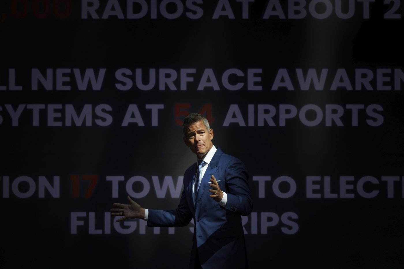 U.S. Department of Transportation Secretary Sean Duffy speaks during a press briefing on flight safety, at the U.S. Department of Transportation, Tuesday, April 21, 2026, in Washington. (AP Photo/Tom Brenner)