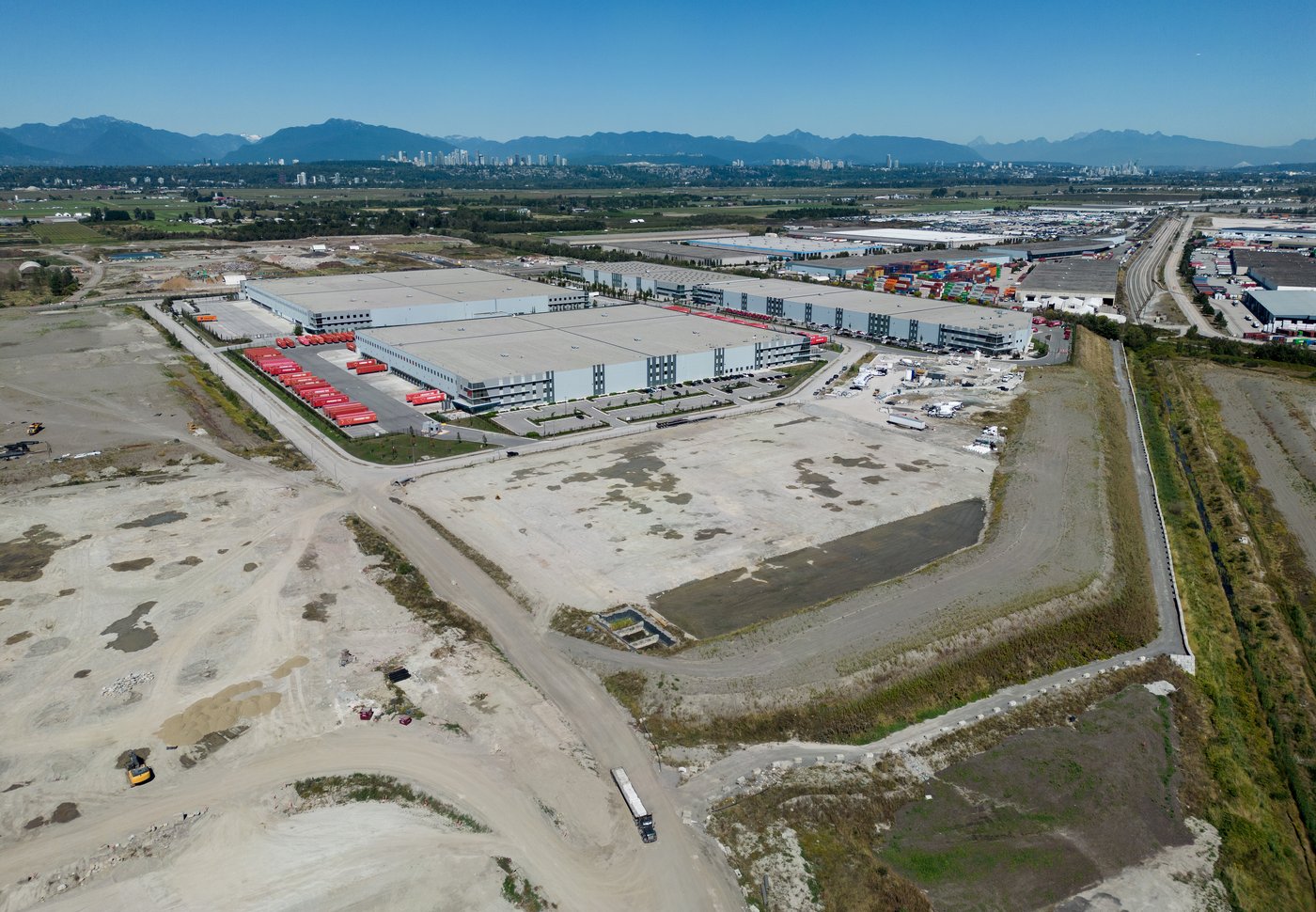 Industrial lands that include Canadian Tire and Coca-Cola Canada distribution centres, which fall within the boundaries of a Cowichan Nation Aboriginal title claim, are seen in an aerial view in Richmond, B.C., on Friday, Aug. 22, 2025. THE CANADIAN PRESS/Darryl Dyck
