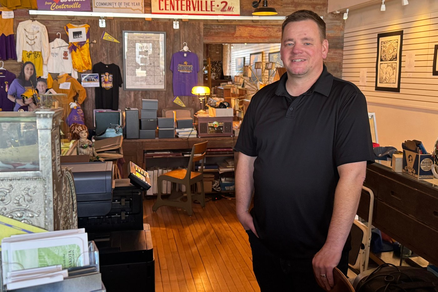 Economic development coordinator Jared Hybertson poses in a formerly vacant building that is now a museum, art gallery and community center, Thursday, March 19, 2026, in downtown Centerville, S.D. (Bart Pfankuch/South Dakota News Watch)