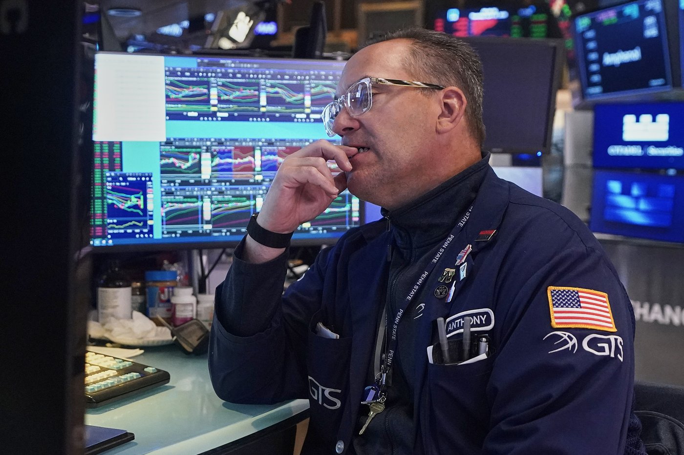 Specialist Anthony Matesic works the floor of the New York Stock Exchange, Thursday, April 23, 2026. (AP Photo/Richard Drew)