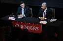Rogers chair of the board Edward Rogers, left, talks with CEO Tony Staffieri at the telecommunications company's AGM, in Toronto, Wednesday, April 26, 2023. THE CANADIAN PRESS/Chris Young