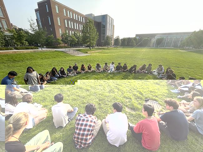 Participants in the Summer Science Program sit in a circle at Purdue University in West Lafayette, Ind., on July 21, 2023. SSP has puzzled over what do to with a surprise bequest of an estimated $200 million — about 100 times its annual budget. (Christin Latus, Summer Science Program via AP Photo)