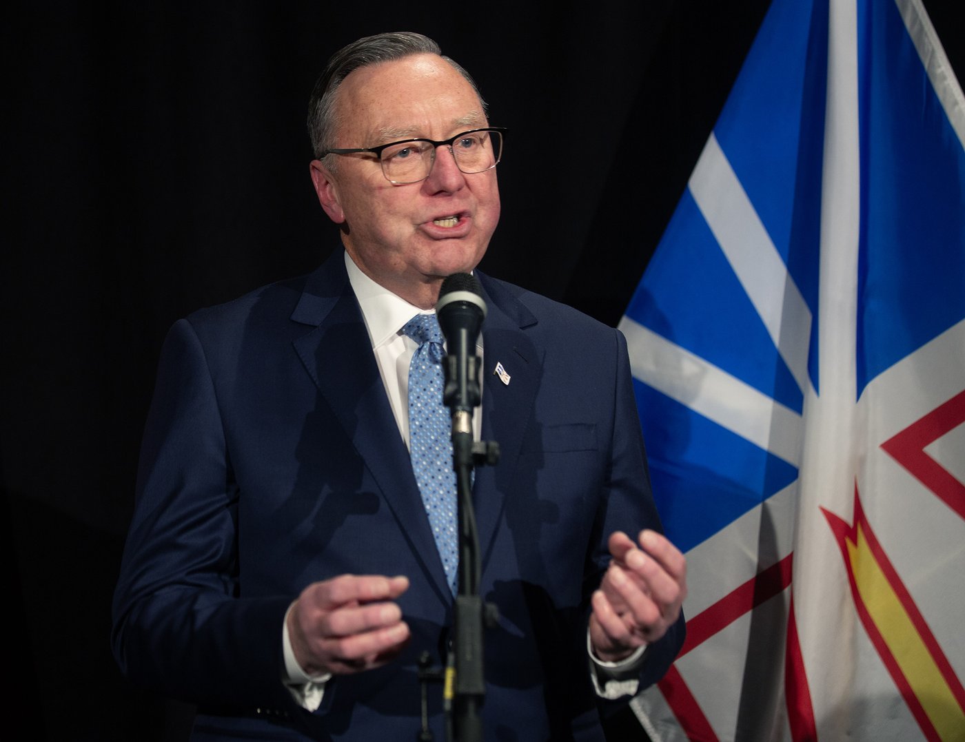 Newfoundland and Labrador Premier, Tony Wakeham speaks to the media during a news conference on the Bay du Nord project in St. John's, N.L. on Tuesday, March 3, 2026. THE CANADIAN PRESS/Paul Daly