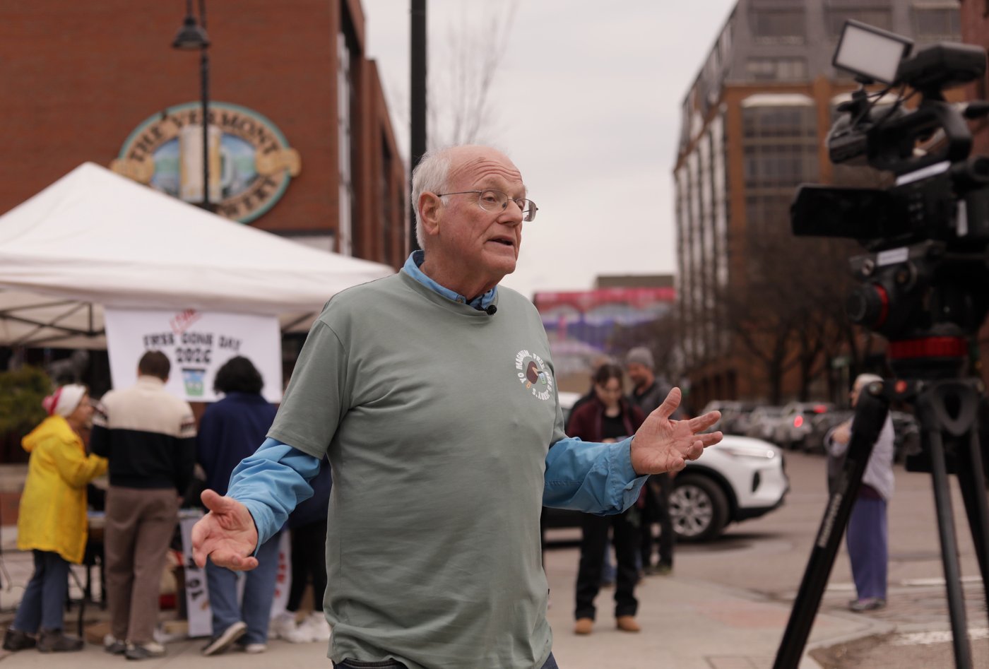 Ben and Jerry's co-founder Ben Cohen speaks during an interview about his Free the Cone Day campaign, asking supporters to help restore the company's independence and protect its social mission on Free Cone Day in Burlington, Vt., Tuesday, April 14, 2026. (AP Photo/Amanda Swinhart)