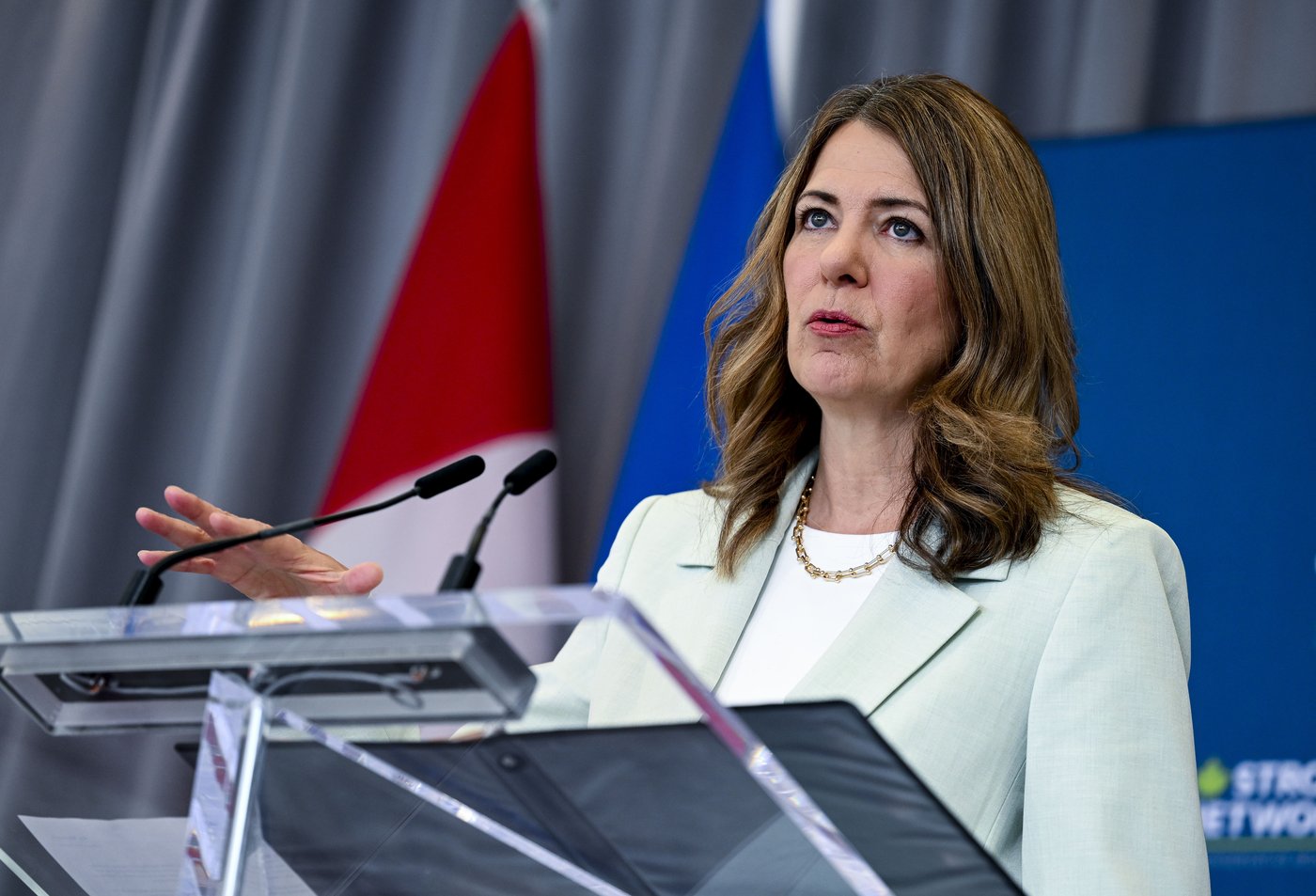 Premier of Alberta Danielle Smith speaks to reporters on the sidelines of the annual Canada Strong and Free Network in Ottawa, on Friday, May 8, 2026. THE CANADIAN PRESS/Spencer Colby