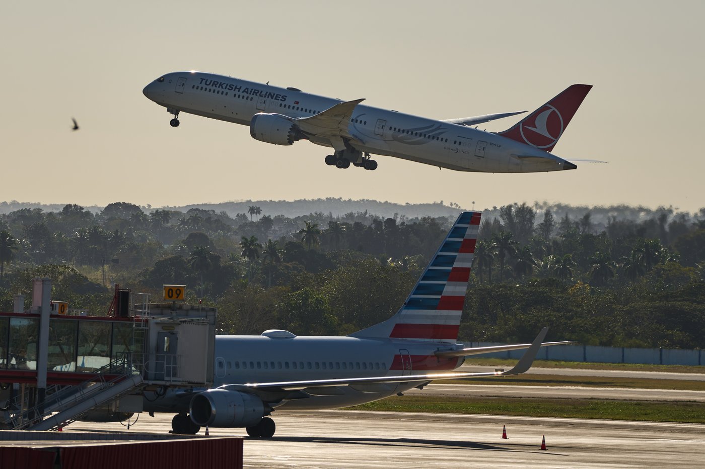 A Turkish Airlines plane takes off alongside an American Airlines plane at Jose Marti International Airport in Havana, Cuba, Monday, Feb. 9, 2026. (AP Photo/Ramon Espinosa)