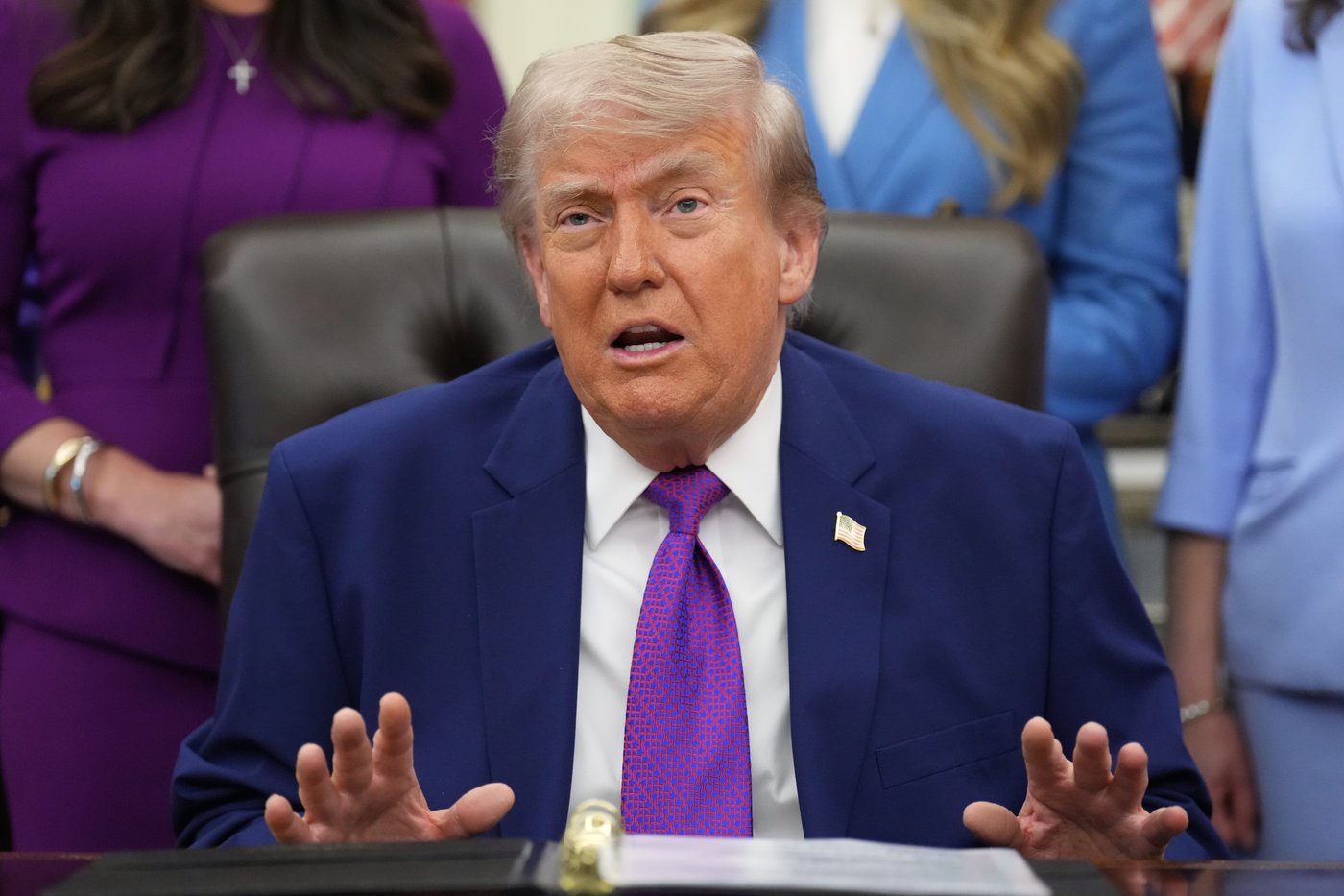 President Donald Trump speaks to reporters at an event about maternal healthcare, Monday, May 11, 2026, in the Oval Office of the White House, in Washington. (AP Photo/Jacquelyn Martin)