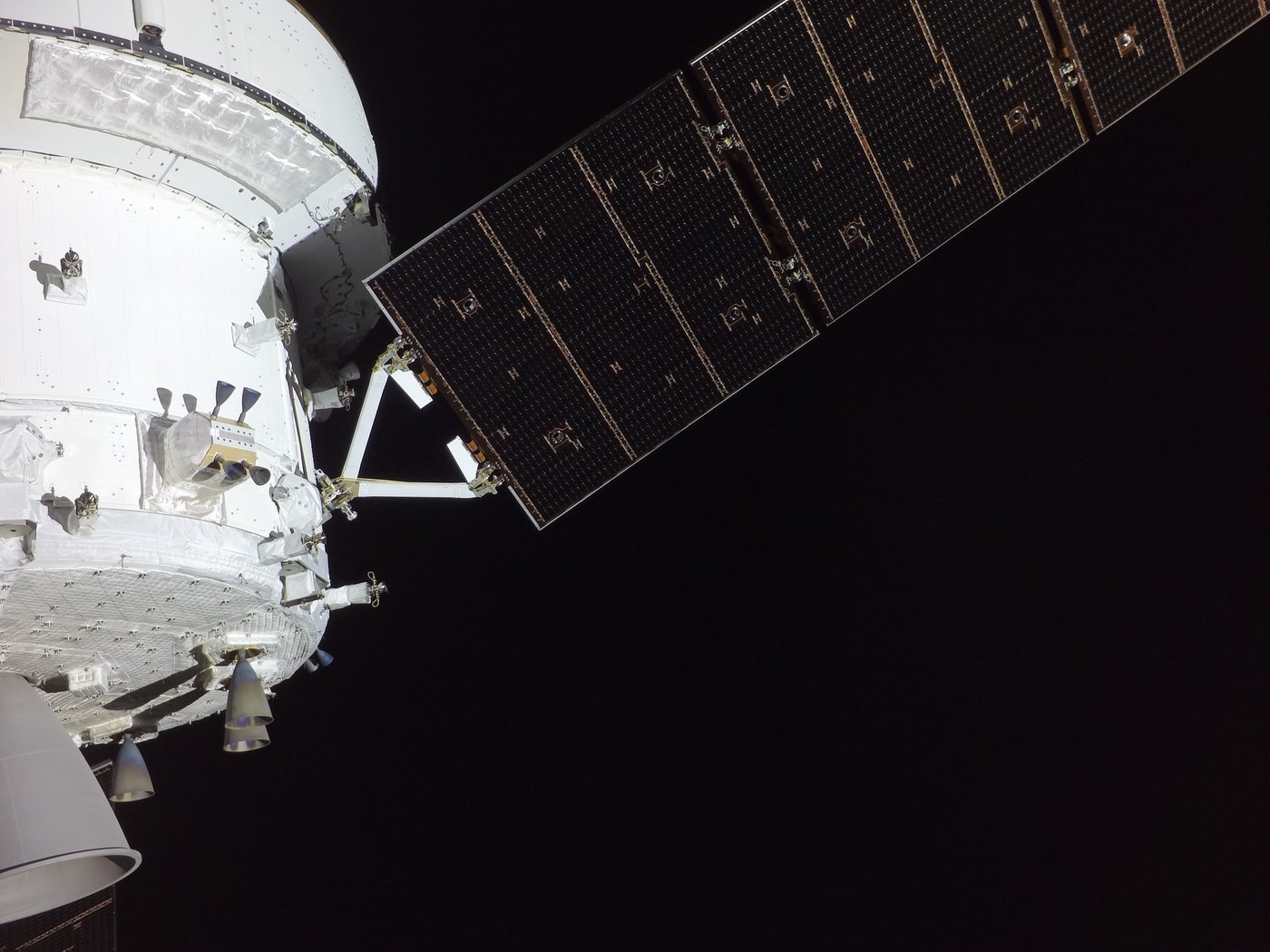 In this image provided by NASA, the Artemis II crew captured this image of Orion spacecraft pictured from one of the cameras mounted on its solar array wings on Tuesday, April 7, 2026. (NASA via AP)