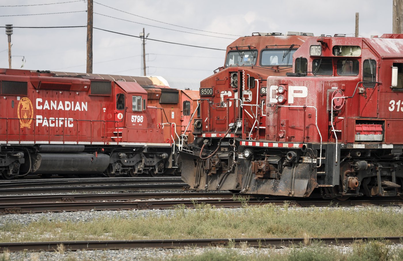 Locomotives sit idol at the CPKC railyard in Calgary, Alta., Thursday, Aug. 22, 2024. A union representing close to 300 signals workers with Canadian Pacific Kansas City Ltd. says its members are on strike. THE CANADIAN PRESS/Jeff McIntosh
