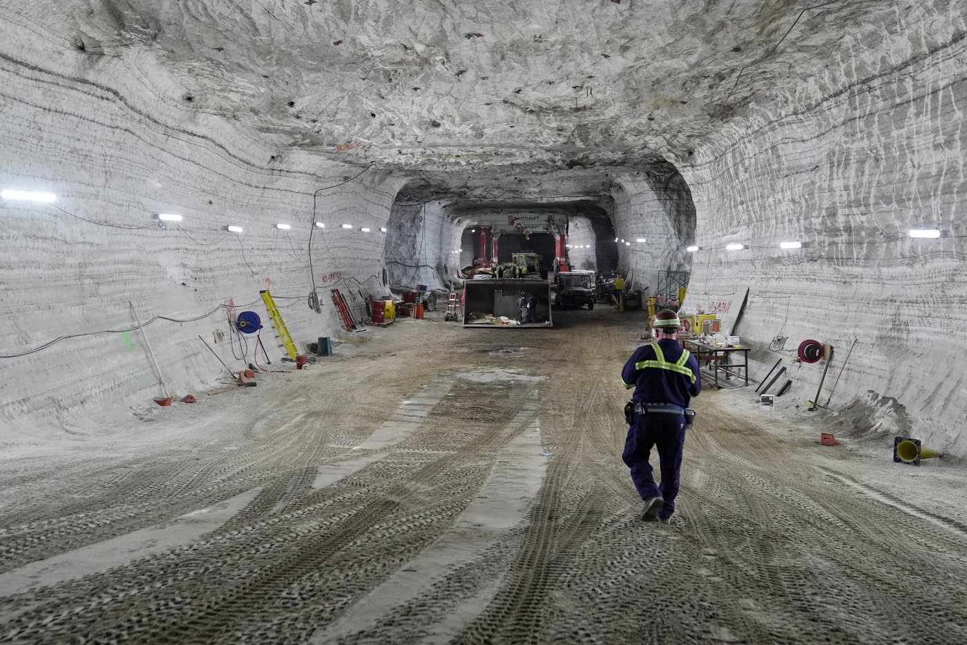 George Campbell, maintenance supervisor, walks down an incline in the shop at the Cargill salt mine on Whiskey Island in Cleveland, Ohio, Thursday, March 19, 2026. (AP Photo/Sue Ogrocki)