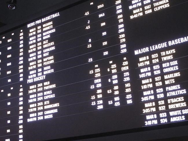Odds for various sporting events are posted in a casino sports book in Atlantic City N.J. on March 8, 2019. On Aug. 2, 2024, (AP Photo/Wayne Parry)