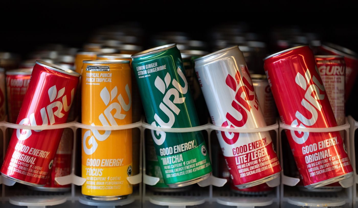 Cans of Guru, an energy drink are seen on a store shelf in Montreal on Friday, March 7, 2025. THE CANADIAN PRESS/Christinne Muschi