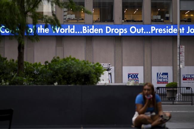 A news crawl appears on the side of the Fox News building in New York, Sunday, July 21, 2024, in the wake of President Joe Biden dropping out of the 2024 race for the White House. (AP Photo/Craig Ruttle)