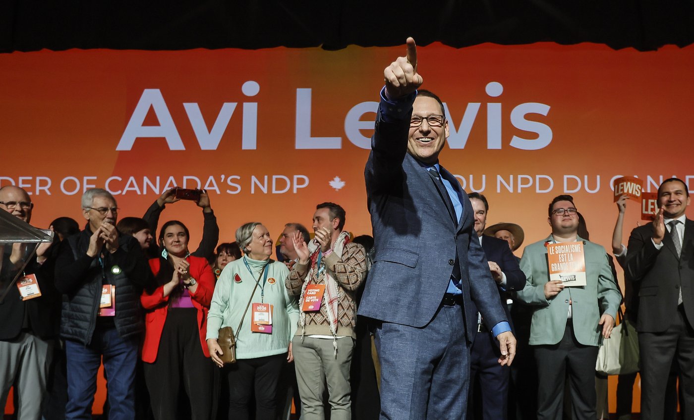 Avi Lewis, who was proclaimed as the new leader of the NDP, celebrates at the party convention in Winnipeg Sunday, March 29, 2026. THE CANADIAN PRESS/John Woods