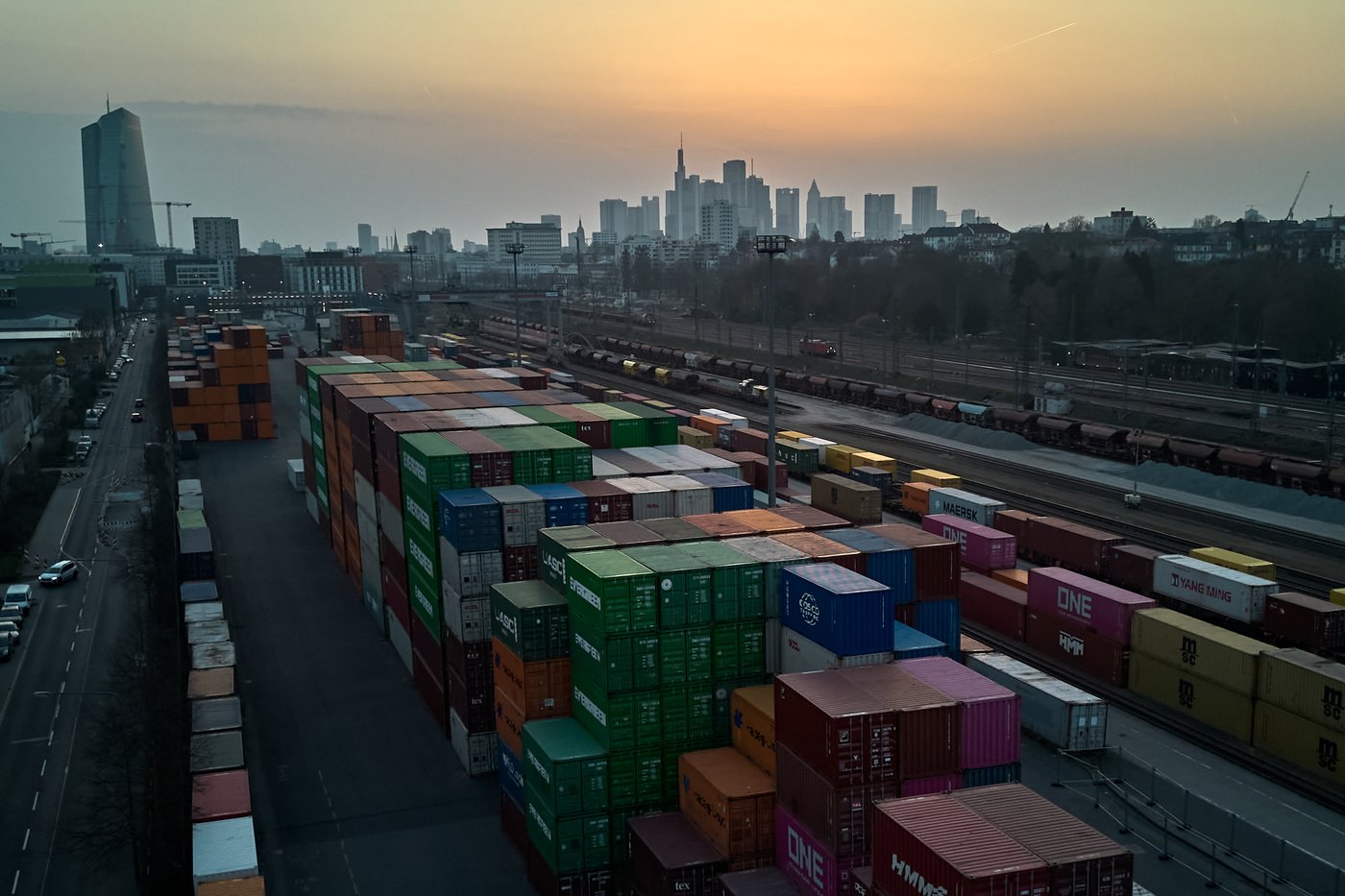 Containers are piled up at a cargo terminal in Frankfurt, Germany, Monday, March 9, 2026. (AP Photo/Michael Probst)
