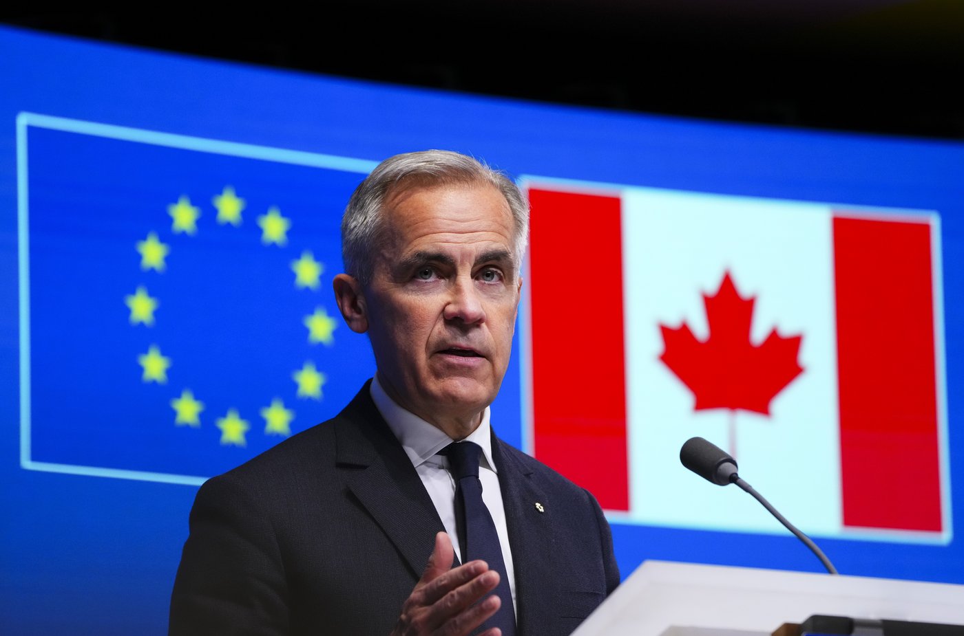 Canadian Prime Minister Mark Carney takes part in a press conference during the Canada EU Summit in Brussels, Belgium on Monday, June 23, 2025. THE CANADIAN PRESS/Sean Kilpatrick
