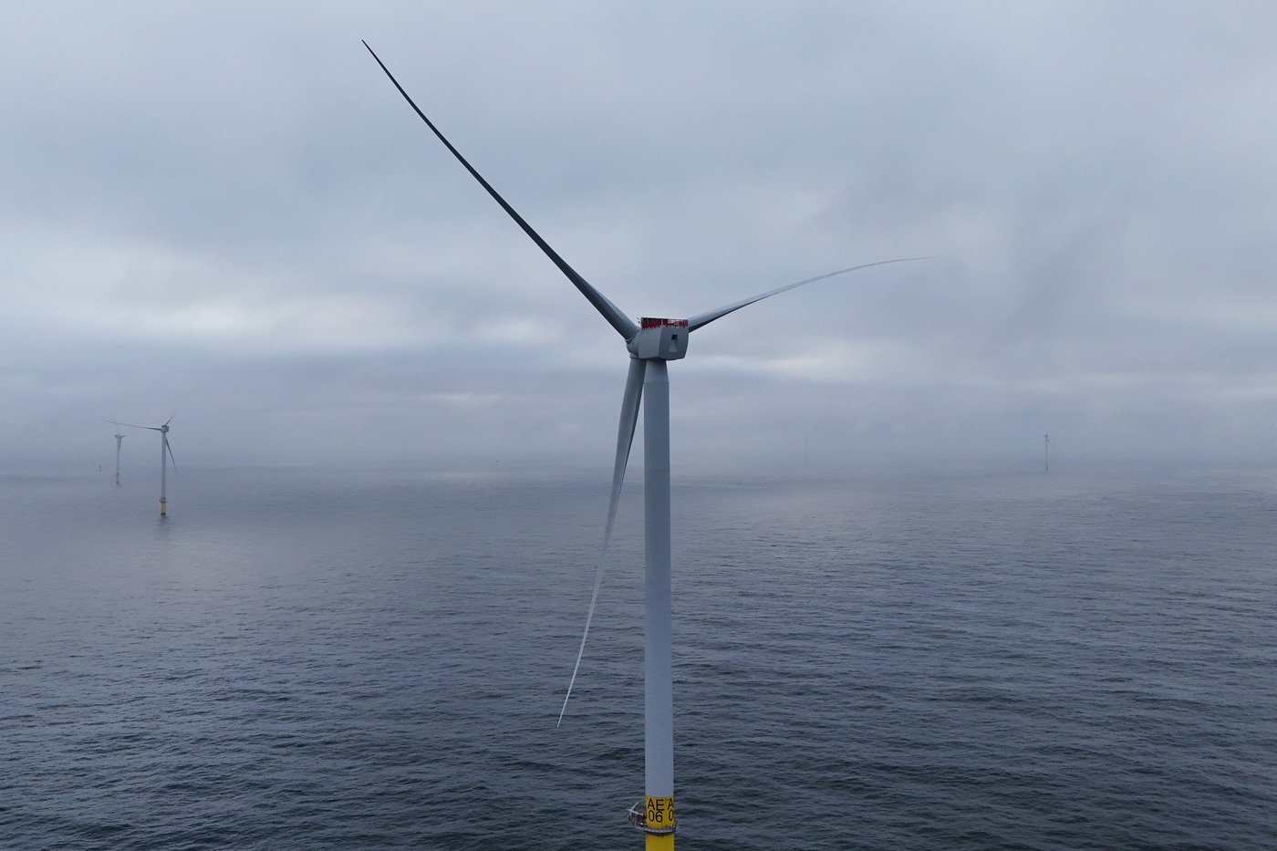 Turbines are visible at Revolution Wind offshore wind farm that is under construction off the coast of Rhode Island, Thursday, April 23, 2026. (AP Photo/Joshua A. Bickel)