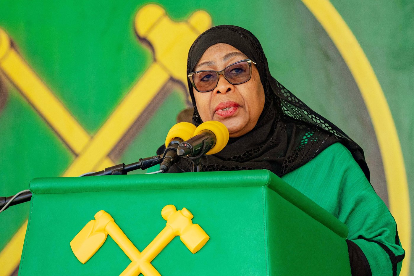 FILE - Tanzania's President Samia Suluhu Hassan delivers remarks during a campaign rally in Iringa, Tanzania, Oct. 5, 2025. (AP Photo, File)