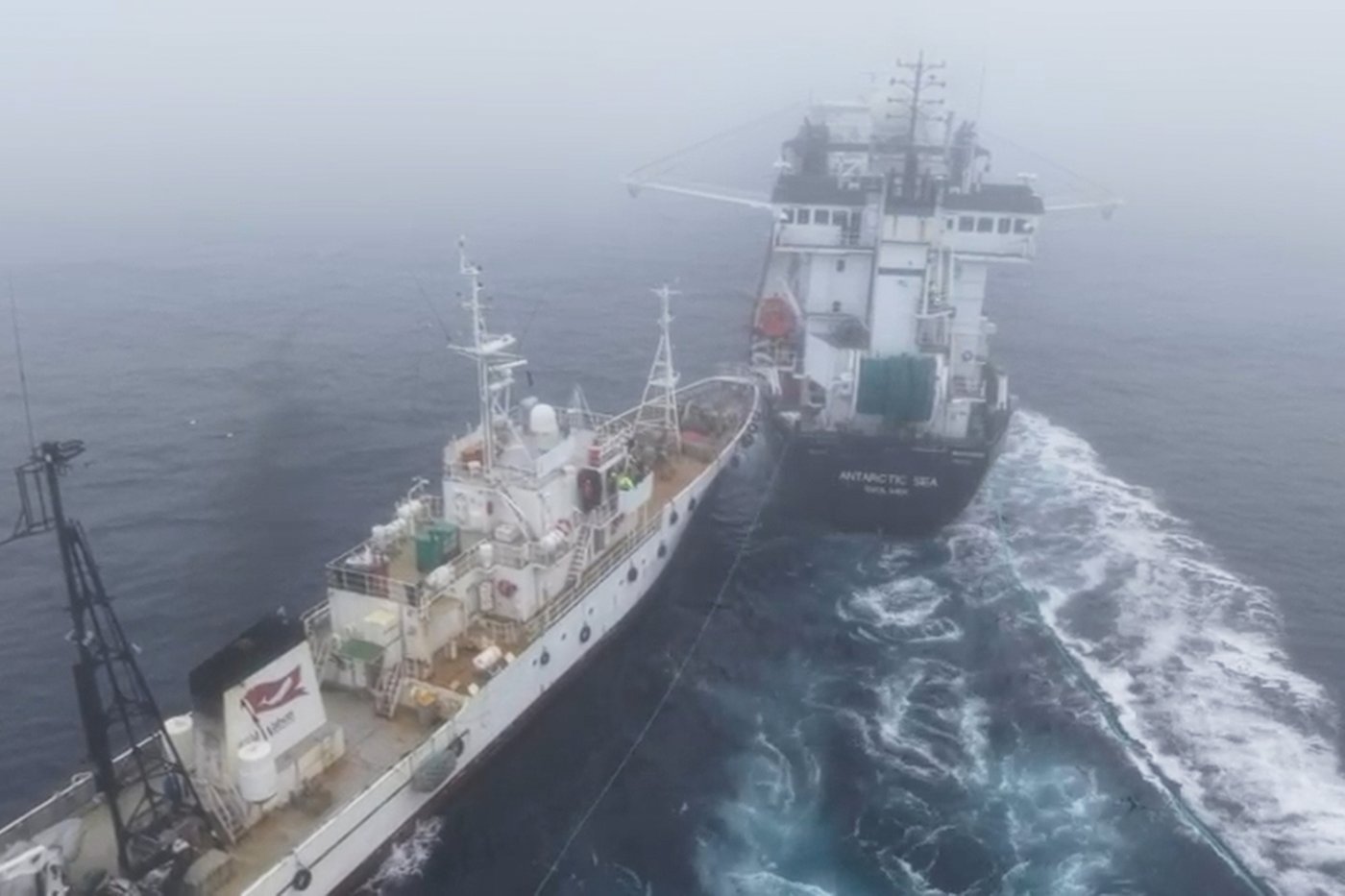 In this image taken from video provided by the Aker Qrill Company shows an activist ship, operated by the Captain Paul Watson Foundation, crashing into the Antarctic Sea, a vessel operated by Aker Qrill Company, on Wednesday, April 1, 2026, in Antarctica. (Aker Qrill Company via AP)
