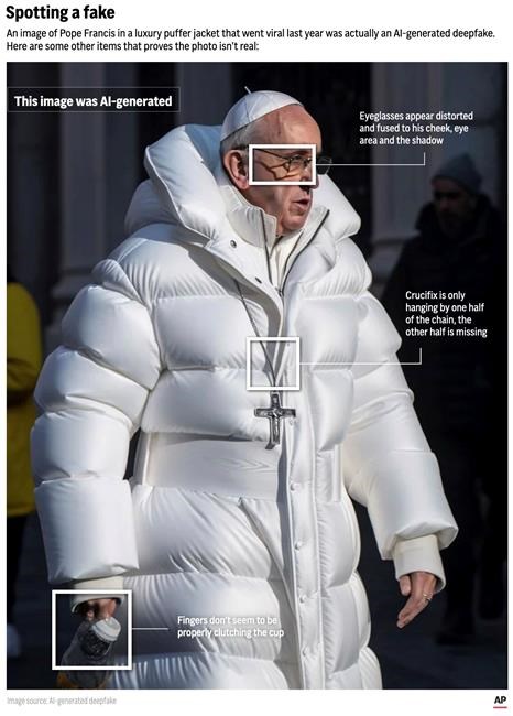 A deepfake AI-generated image of Pope Francis highlights errors in the image. (AP Digital Embed)