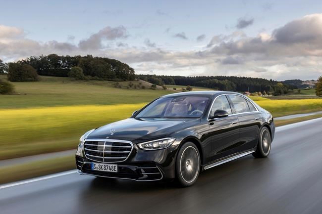 This photo provided by Mercedes-Benz shows the 2023 S-Class sedan. The 580e plug-in hybrid can drive an EPA-estimated 46 miles on all-electric power. (Courtesy of Mercedes-Benz USA via AP)