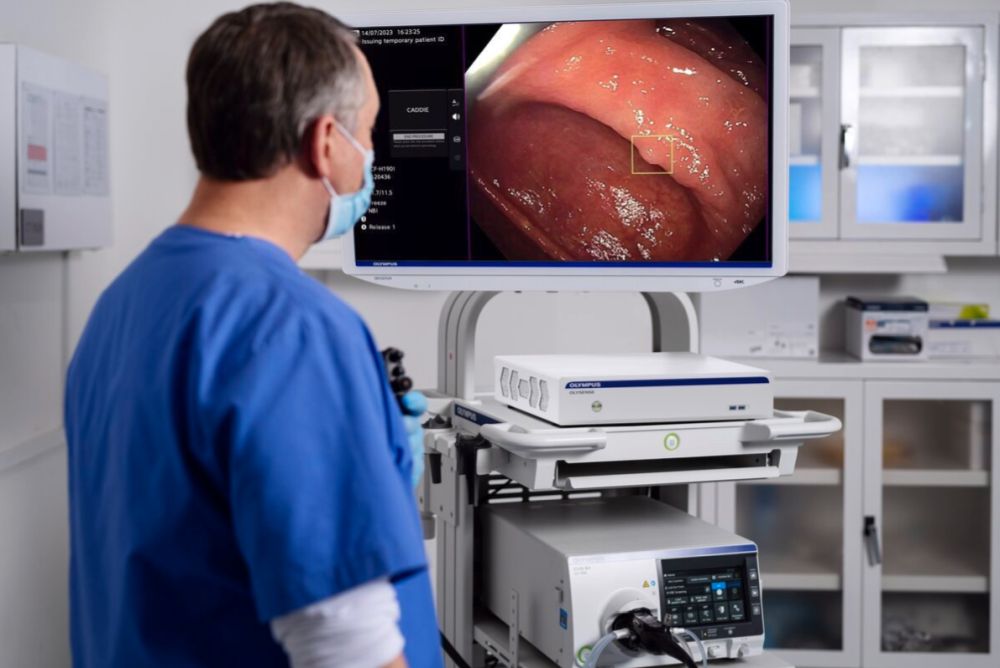 The cloud-based CADDIE&trade; device for computer-aided detection indicates a potential polyp during a colonoscopy procedure.