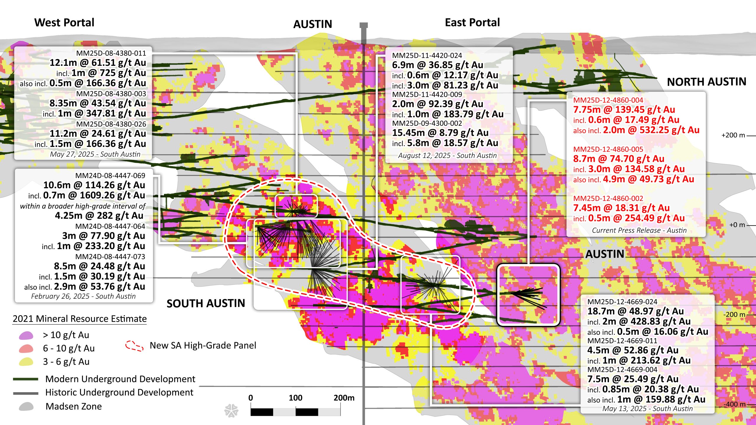 wrlg long section austin highlight scaled West Red Lake Gold Hits New High-Grade Gold Lens in Lower Main Austin with 139.45 g/t Au over 7.8m, 74.70 g/t Au over 8.7m and 18.31 g/t Au over 7.5m