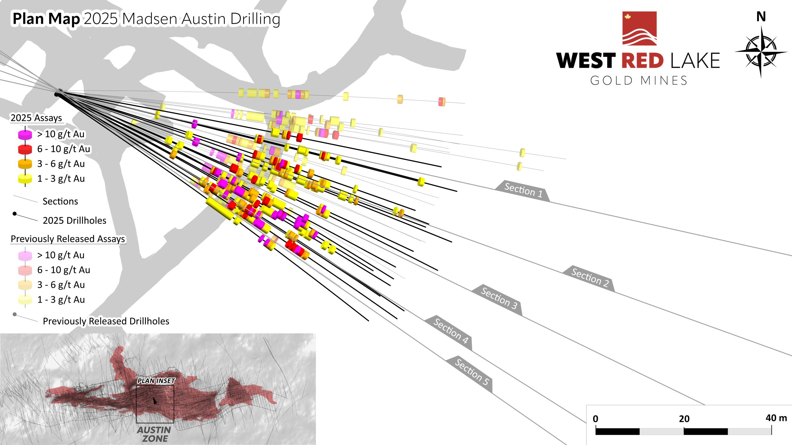 wrlg austin plan map scaled West Red Lake Gold Confirms Additional High-Grade Gold in Lower Austin with 26.16 g/t Au over 11.2m, 37.87 g/t Au over 3.55m and 10.55 g/t Au over 8m