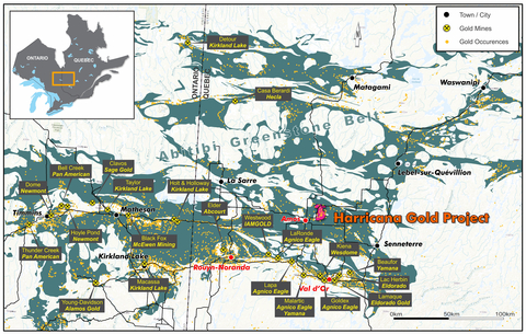 Figure 1 - Harricana Project benefits from an exceptional location, close to operating mines, in the Abitibi Greenstone Belt (Photo: Business Wire)