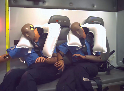 Horton Emergency Vehicles launches Horton Occupant Protection System™ (HOPS) featuring MBrace™, the first of its kind protection for first responders. MBrace is a patent-pending advanced airbag safety system designed specifically to protect emergency care providers inside the patient compartment during frontal impacts, in addition to ambulance rollovers. Horton is the first and only brand in the ambulance industry to offer MBrace. (Photo: Business Wire)