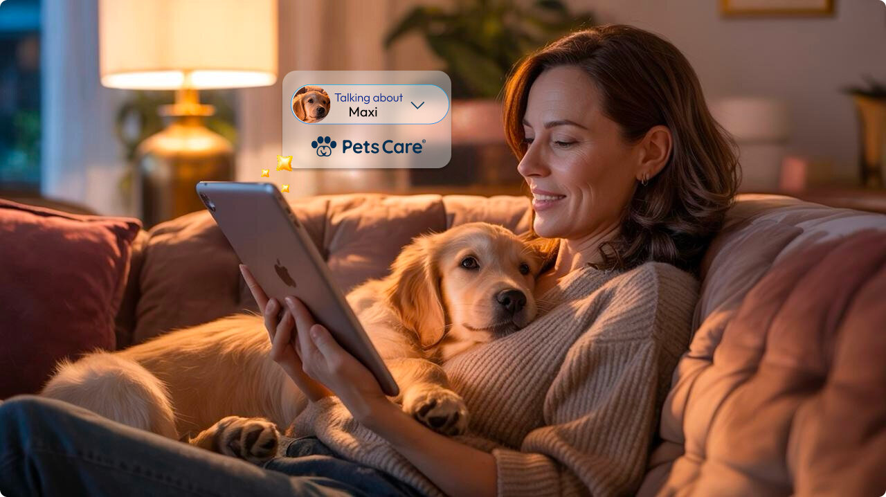 Woman using a pet assistant app on a tablet while relaxing with her dog at home.