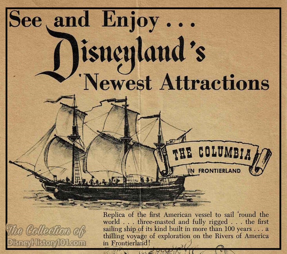 An advertisement for the Disneyland replica of the Columbia. (Image: disneyhistory101.com)