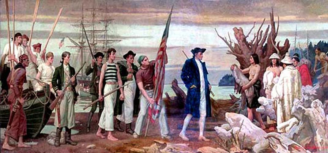 Captain Robert Gray and members of the Columbia's crew near the mouth of the Columbia River in 1792. (Image: a painting in the Oregon state capitol)