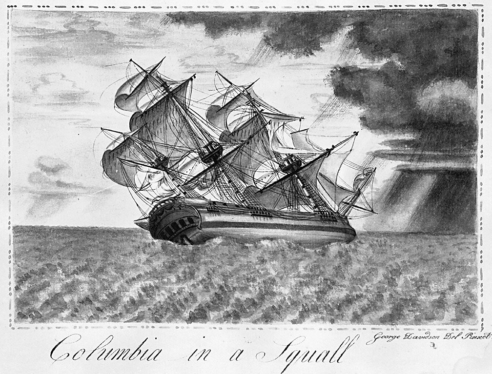 A painting showing the Columbia Rediviva, under Captain Robert Gray, heeling as it approaches a squall. It was painted by George Davidson, the ship's artist, in 1793.