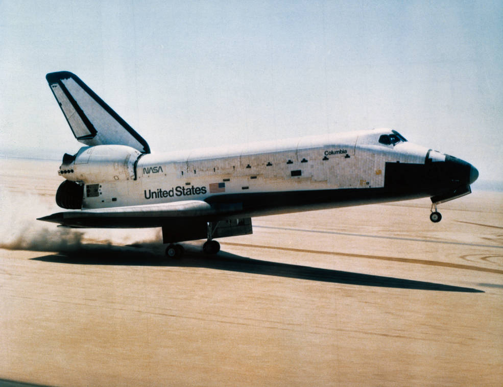 Touchdown! Space Shuttle Columbia touches down on Runway 23, ending the highly successful STS-1 mission. (Photo: NASA)