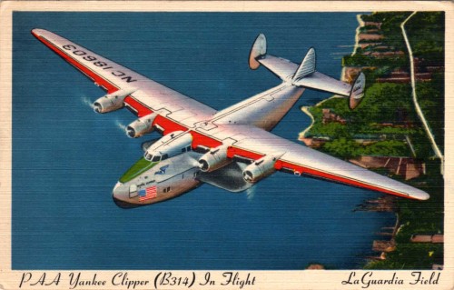 A postcard showing a Pan Am Clipper over LaGuardia Field. (Image: clipperflyingboats.com)