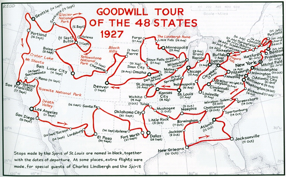 This map shows Lindbergh's 1927 tour, which was financed by the Daniel Guggenheim Fund for the Promotion of Aeronautics. (Image: airandspace.si.edu)